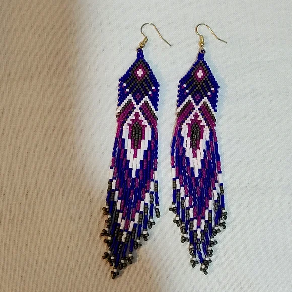 Handmade beaded Native American style earrings with fringe - Picture 2 of 3